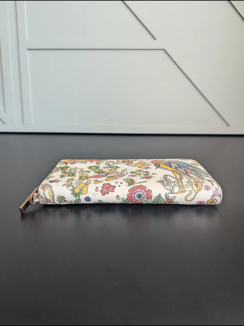 Tory Burch White Multicolor Floral & Bird Zip Wallet